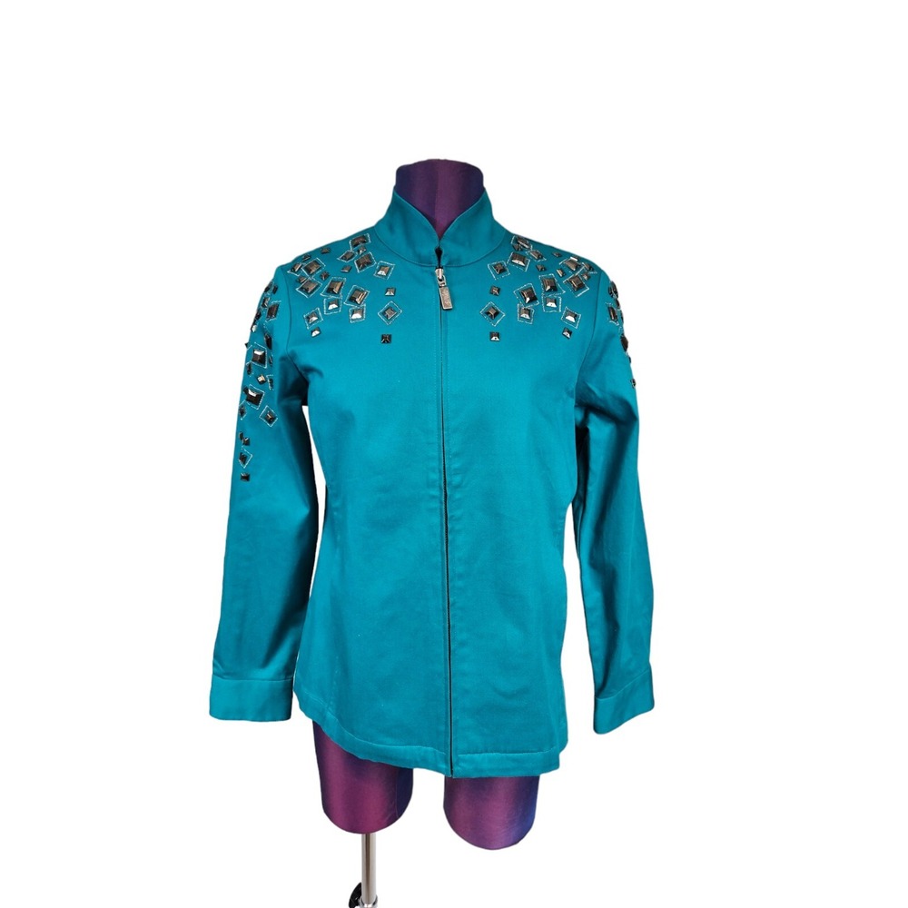 Bob Mackie Dark Teal Metallic Studded Full Zip Lightweight Jacket Size XS T2